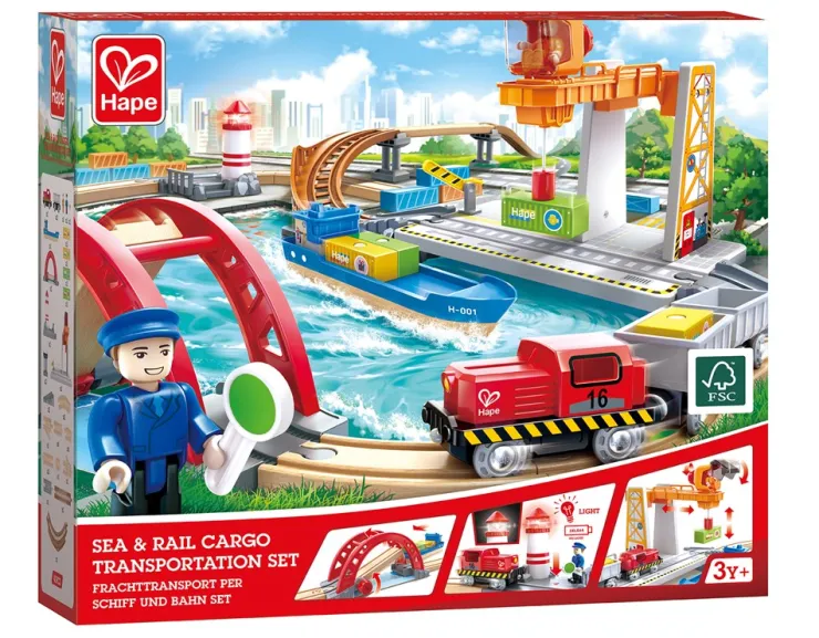 Hape Wooden Toys | Trains & Train Sets>Sea & Rail Cargo Transportation Set